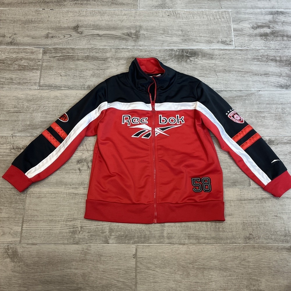 Reebok‎ Jacket Youth Medium Red Black Colorblock Full Zip 58 Logo Track Athletic